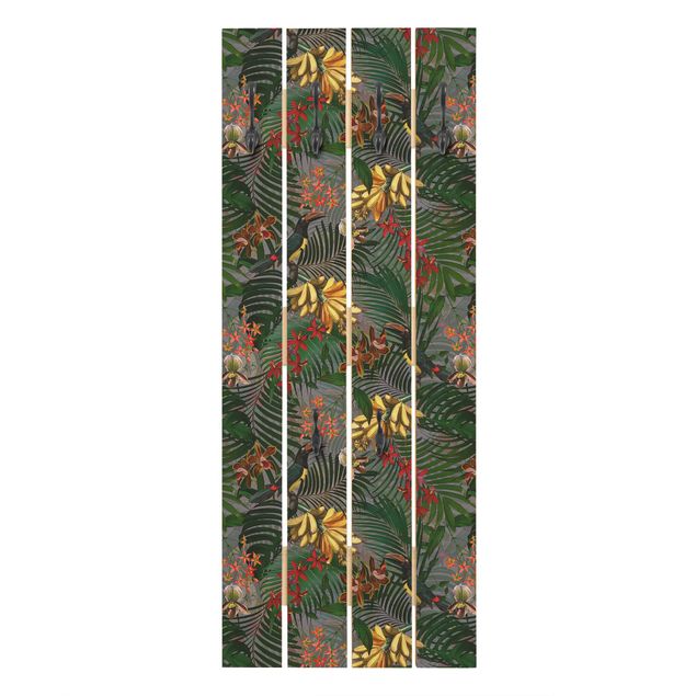 Wandkapstokken houten pallet Tropical Ferns With Tucan Green