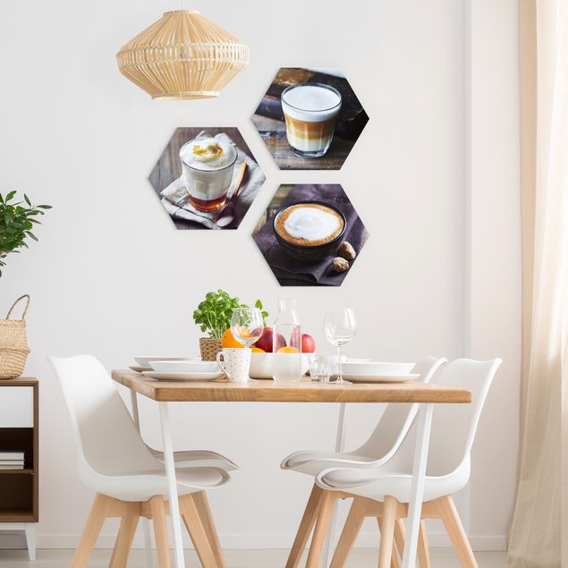 Hexagons Aluminium Dibond schilderijen - 3-delig Caffè Latte