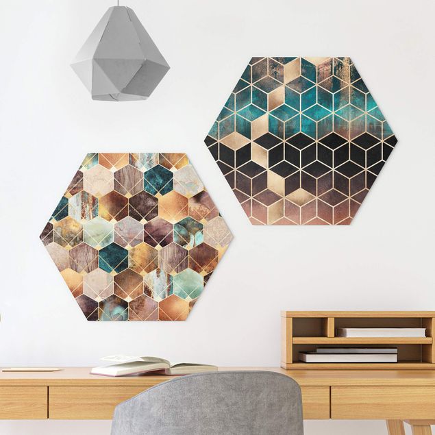 Hexagons Aluminium Dibond schilderijen - 2-delig Turquoise Geometry Golden Art Deco Set