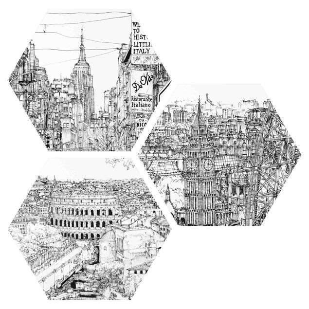 Hexagons Aluminium Dibond schilderijen - 3-delig City Studies - New York - London - Rome