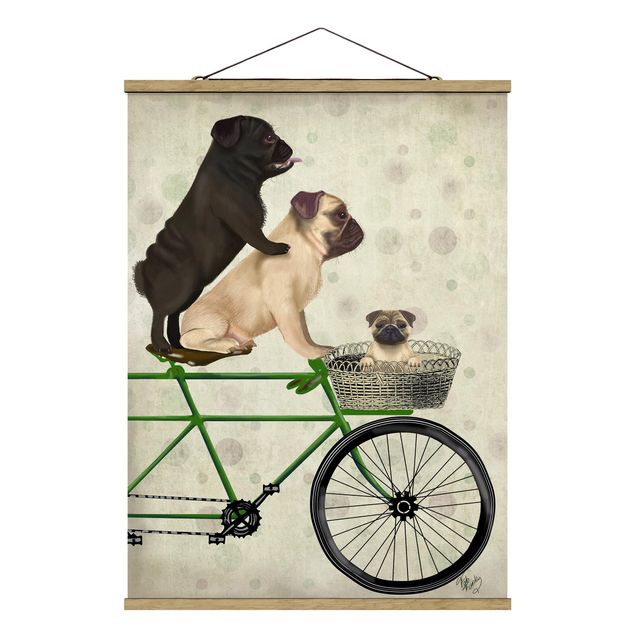 Stoffen schilderij met posterlijst Cycling - Pugs On Bike