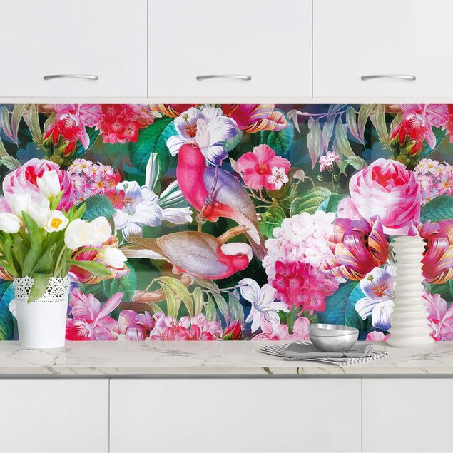 Achterwand voor keuken bloemen Colourful Tropical Flowers With Birds Pink