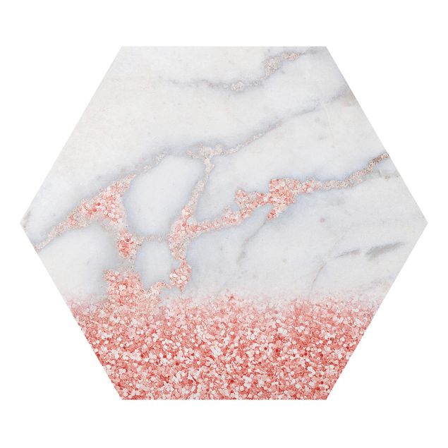 Hexagons Aluminium Dibond schilderijen Marble Look With Pink Confetti