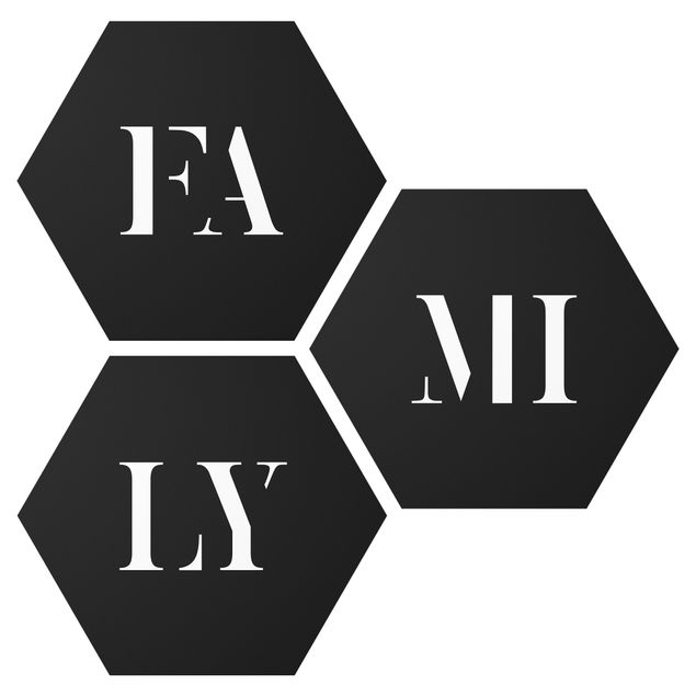 Hexagons Forex schilderijen - 3-delig Letters FAMILY White Set I