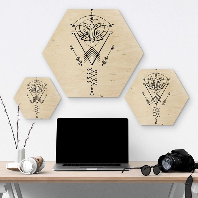 Hexagons houten schilderijen Lotus Unalome With Arrows