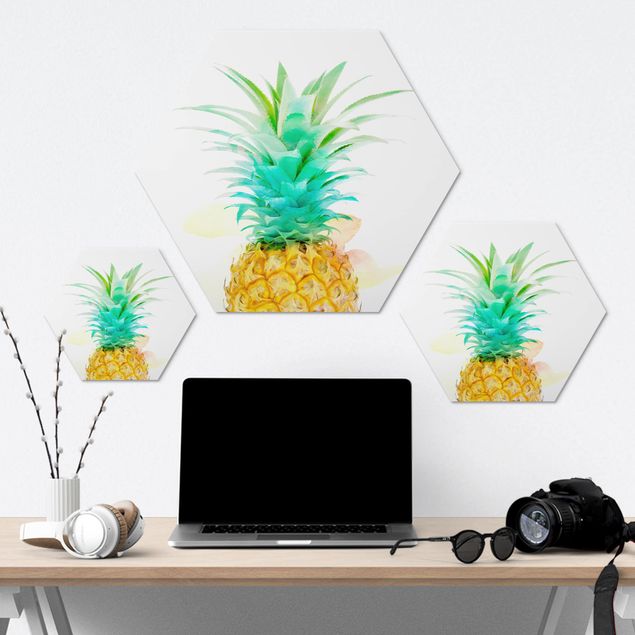 Hexagons Aluminium Dibond schilderijen Pineapple Watercolour