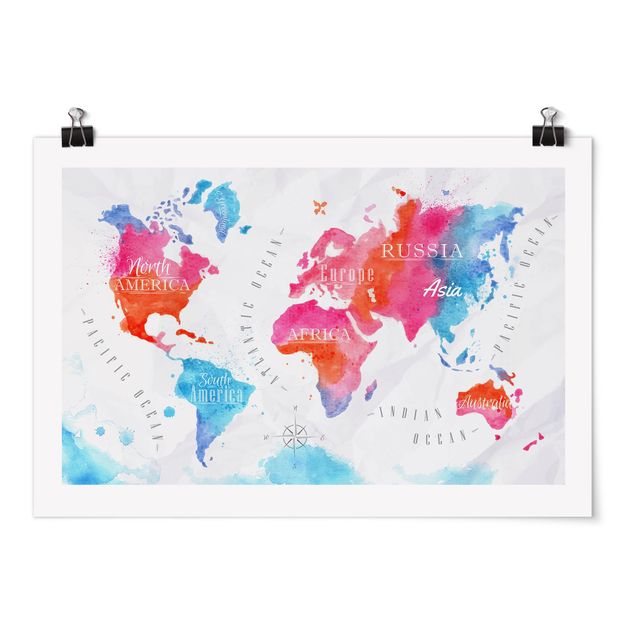Posters World Map Watercolour Red Blue