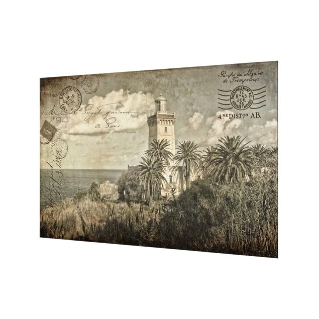 Spatscherm keuken Vintage Postcard With Lighthouse And Palm Trees