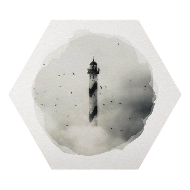Hexagons Aluminium Dibond schilderijen WaterColours - Lighthouse In The Fog