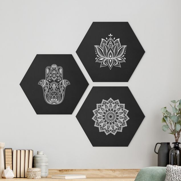 Hexagons Forex schilderijen - 3-delig Mandala Hamsa Hand Lotus Set On Black
