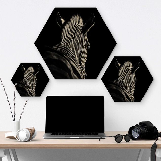 Hexagons houten schilderijen Dark Zebra Silhouette