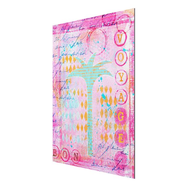 Aluminium Dibond schilderijen Colourful Collage - Bon Voyage With Palm Tree