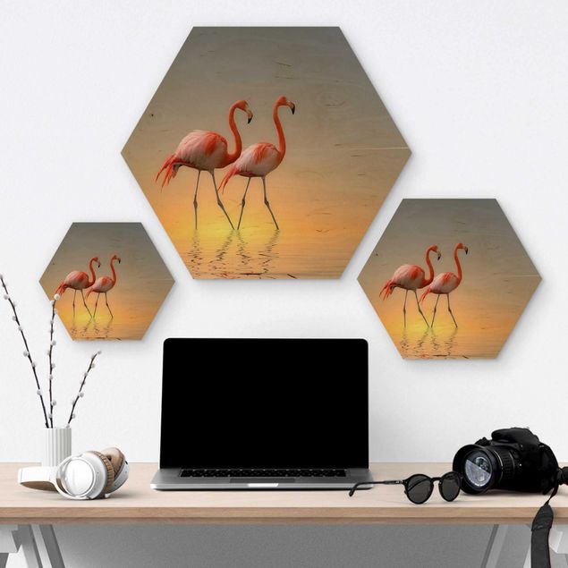 Hexagons houten schilderijen Flamingo Love