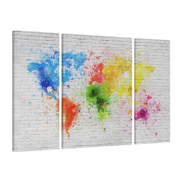 Canvas schilderijen - 3-delig White Brick Wall World Map