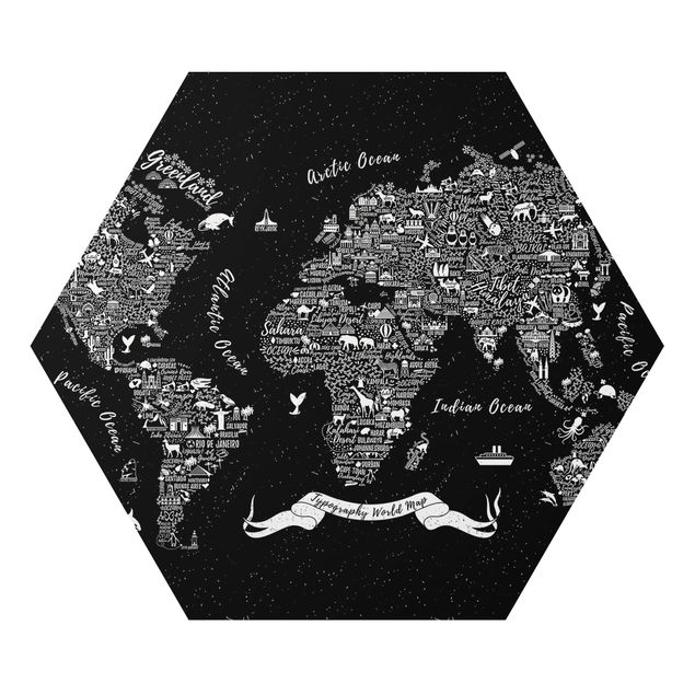 Hexagons Aluminium Dibond schilderijen Typography World Map Black