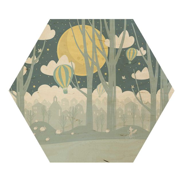 Hexagons houten schilderijen Moon With Trees And Houses
