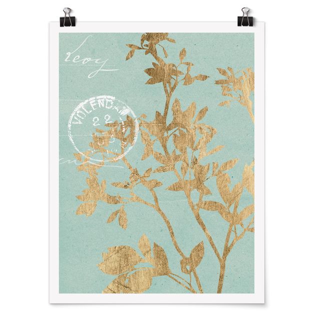 Posters Golden Leaves On Turquoise II
