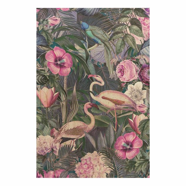 Houten schilderijen Colourful Collage - Pink Flamingos In The Jungle