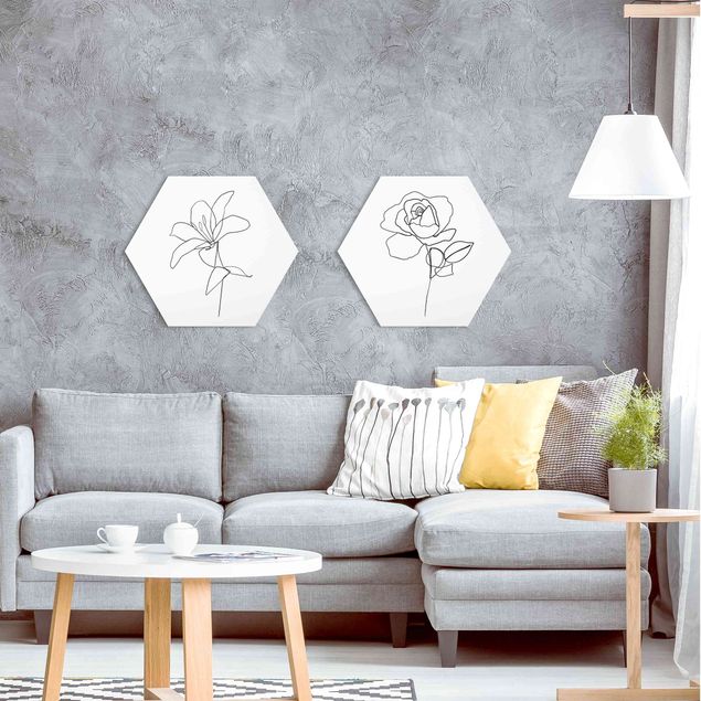 Hexagons Aluminium Dibond schilderijen - 2-delig Line Art Flowers Black White Set