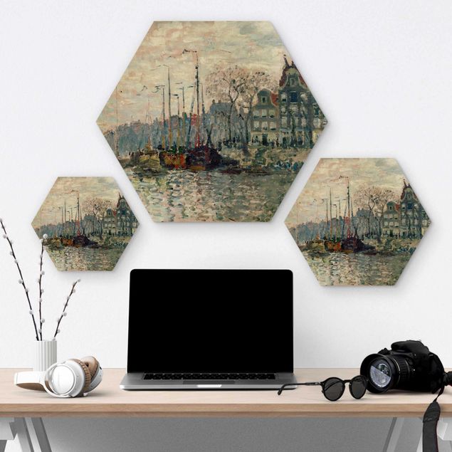 Hexagons houten schilderijen Claude Monet - View Of The Prins Hendrikkade And The Kromme Waal In Amsterdam