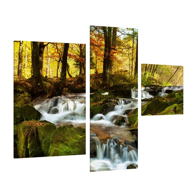 Canvas schilderijen - 3-delig Waterfall Autumnal Forest