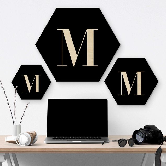 Hexagons houten schilderijen Letter Serif Black M