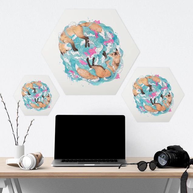 Hexagons Forex schilderijen Illustration Foxes And Waves Painting