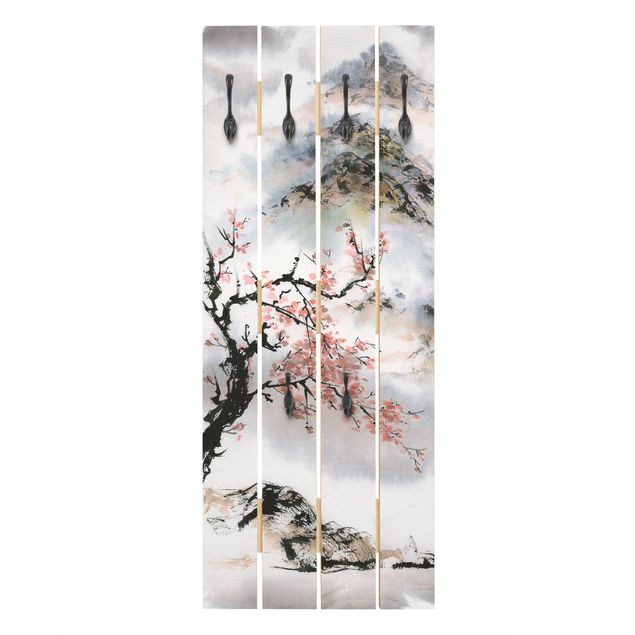 Wandkapstokken houten pallet Japanese Watercolour Drawing Cherry Tree And Mountains