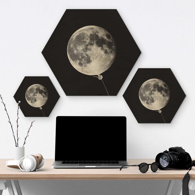 Hexagons houten schilderijen Balloon With Moon