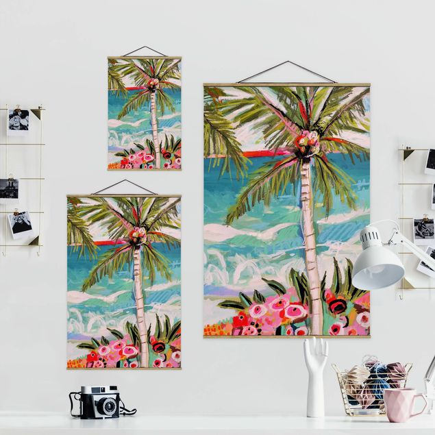 Stoffen schilderij met posterlijst Palm Tree With Pink Flowers II