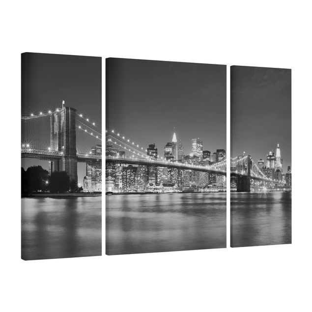 Canvas schilderijen - 3-delig Nighttime Manhattan Bridge II