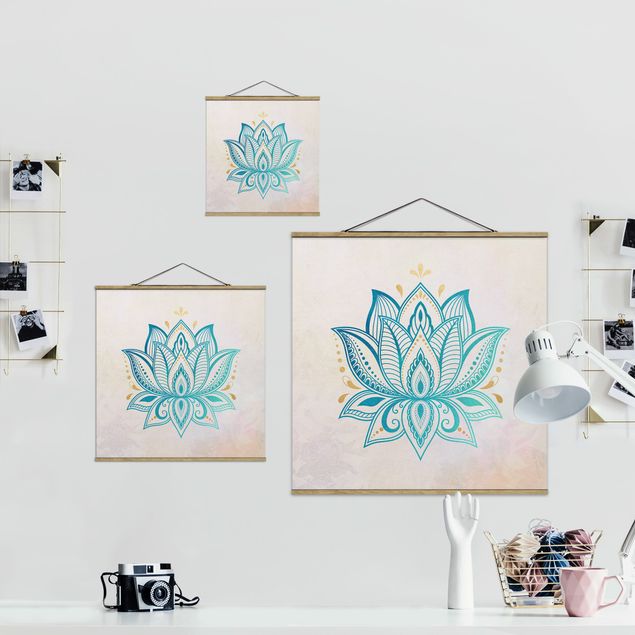 Stoffen schilderij met posterlijst Lotus Illustration Mandala Gold Blue