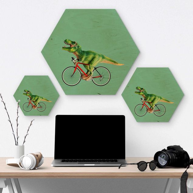 Hexagons houten schilderijen Dinosaur With Bicycle