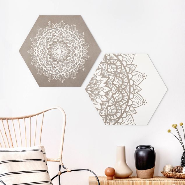 Hexagons Forex schilderijen - 2-delig Mandala Illustration Shabby Set Beige White
