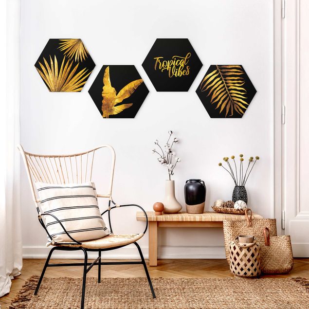 Hexagons Aluminium Dibond schilderijen - 4-delig Gold - Tropical Vibes On Black Set II