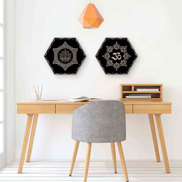 Hexagons houten schilderijen - 2-delig Lotus OM Illustration Set Black