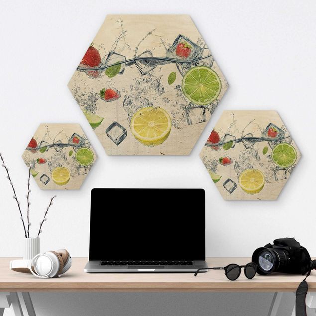 Hexagons houten schilderijen Fruit Cocktail