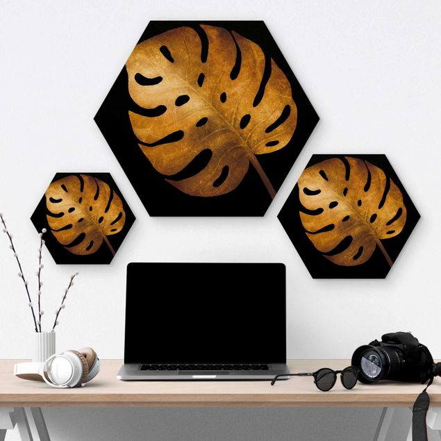 Hexagons houten schilderijen Gold - Monstera On Black