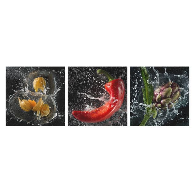 Canvas schilderijen - 3-delig Pepper artichoke Physalis Splash