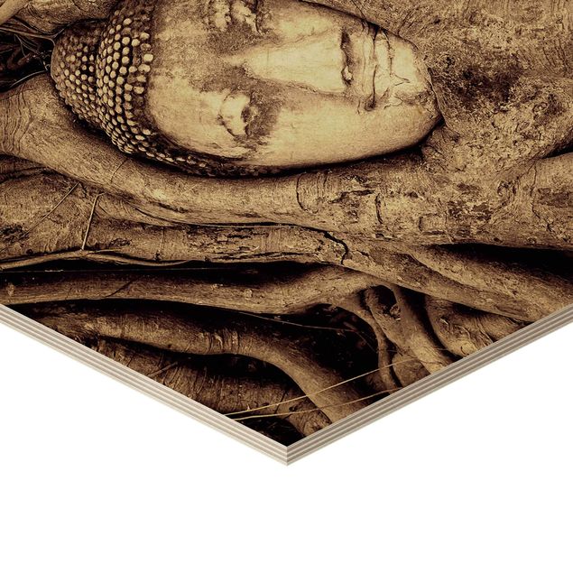 Hexagons houten schilderijen Buddha In Ayutthaya Lined From Tree Roots In Brown