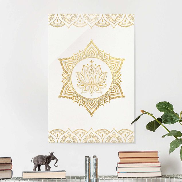 Glas Magnettafel Mandala Lotus Illustration Ornament White Gold