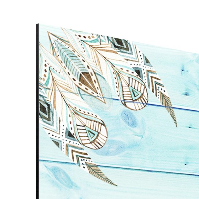 Aluminium Dibond schilderijen Mandala Watercolour Feathers Blue Green Wooden Boards