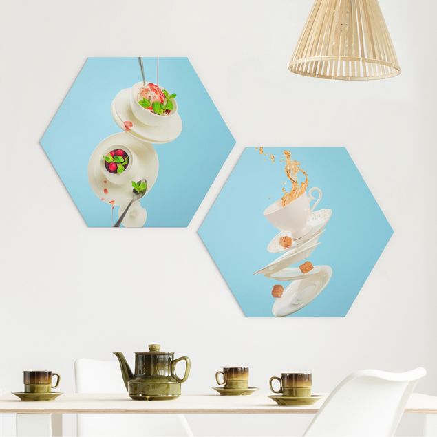 Hexagons Aluminium Dibond schilderijen - 2-delig Flying Cups