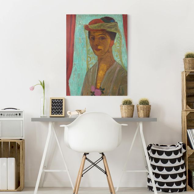 Canvas schilderijen Paula Modersohn-Becker - Self-Portrait with a Hat and Veil