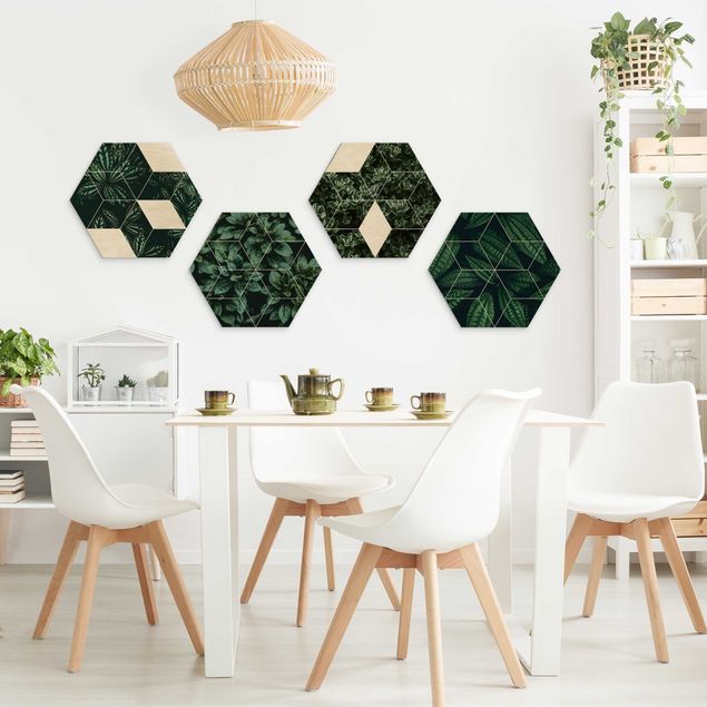 Hexagons houten schilderijen - 4-delig Green Leaves Geometry Set I