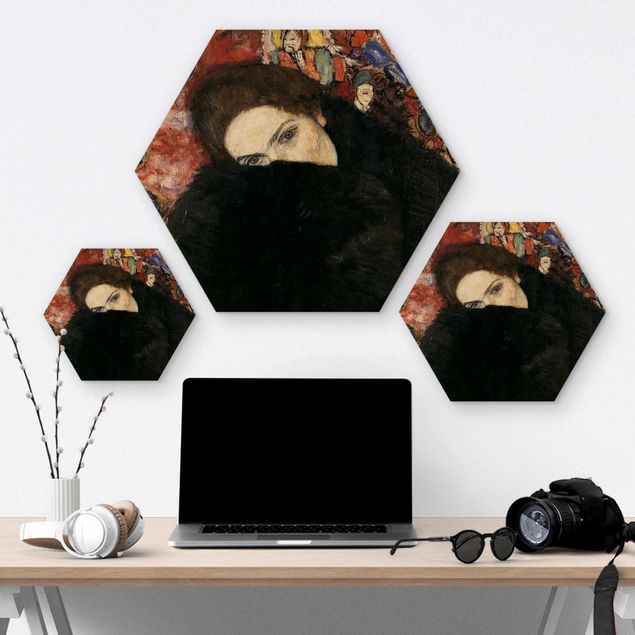 Hexagons houten schilderijen Gustav Klimt - Lady With A Muff