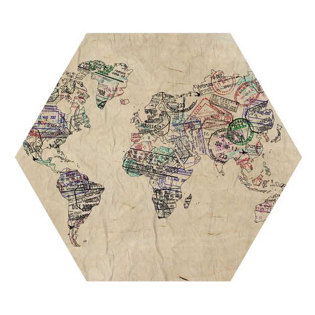 Hexagons houten schilderijen Passport Stamp World Map
