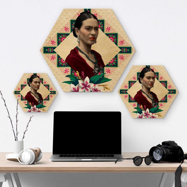 Hexagons houten schilderijen Frida Kahlo - Flowers And Geometry