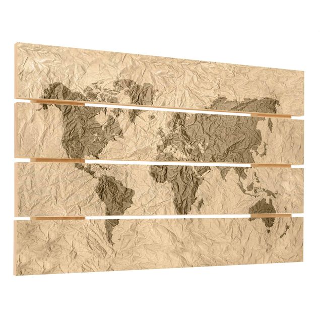 Houten schilderijen op plank Paper World Map Beige Brown