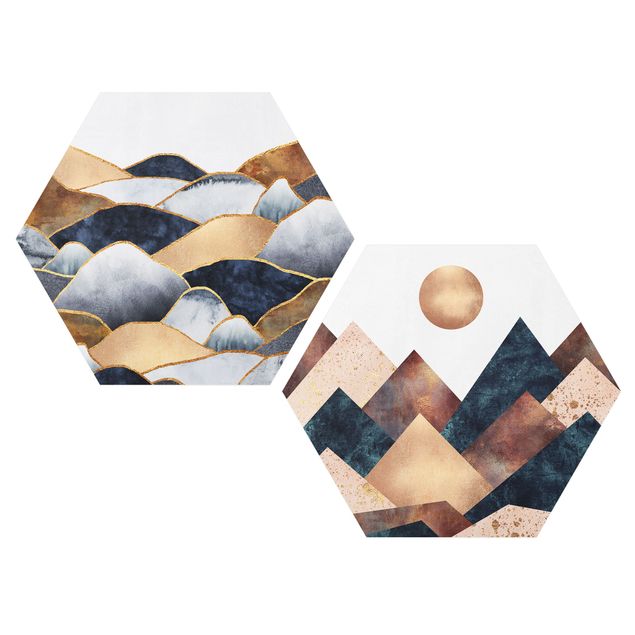 Hexagons Forex schilderijen - 2-delig Geometric & Golden Mountains Watercolour